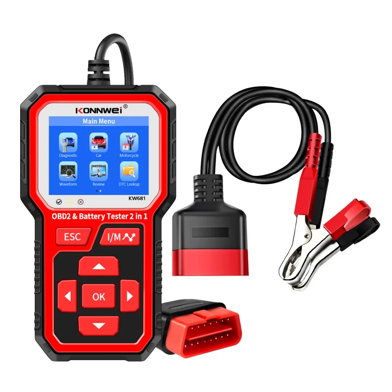 KONNWEI KW681 6V 12V Motorcycle Battery Tester Auto Diagnostic Tool 2in1 2000 CCA Car OBD2 Scanner Cranking Charging Test