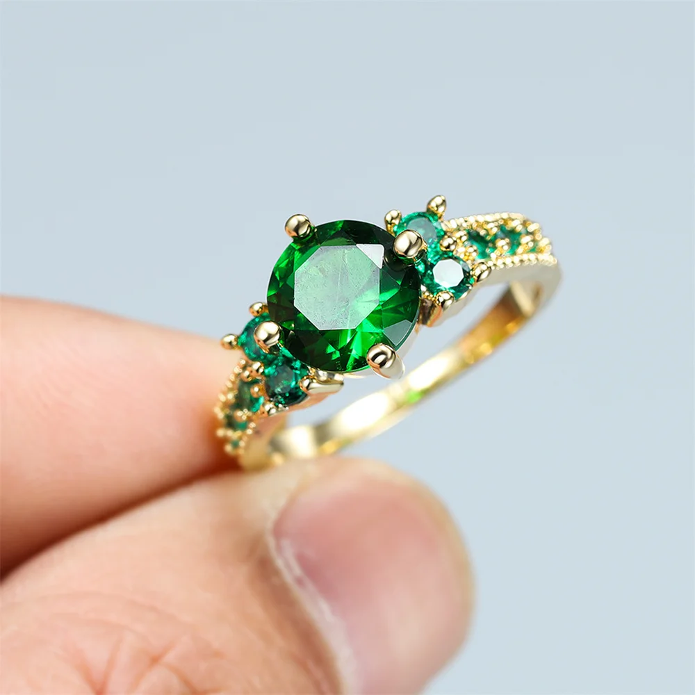 Classic Round Green Crystal Rings For Women Vintage Gold Color May Birthstone Wedding Band Engagement Jewelry Mother\'s Day Gifts