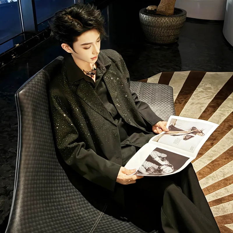 

Модный мужской пиджак с подплечниками, с бриллиантовым узором, в корейском стиле, роскошный, повседневный, с длинным рукавом, на одной пуговице