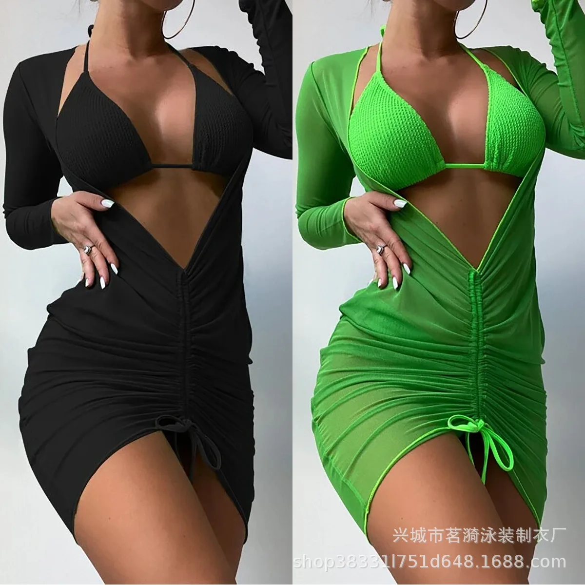 

Женский купальник в европейском и американском стиле, сексуальный, однотонный, из волнистой ткани, бикини, блузка с длинными рукавами, модный комплект из трех предметов для плавания