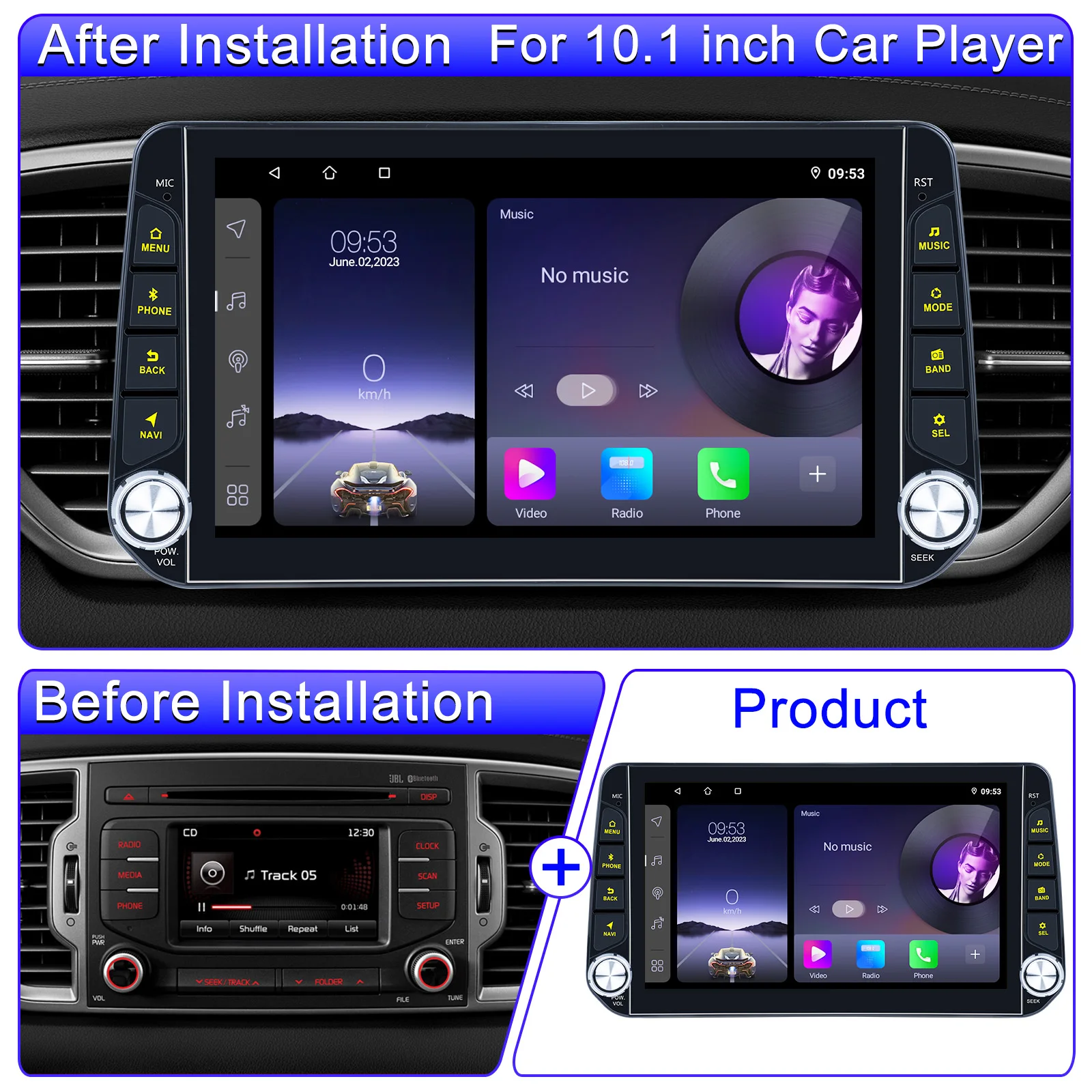 10.1 Inch Car Universal Android Radio Multimedia Display Music Player 4G-SIM WiFi GPS SWC Carplay RDS Colorful Backlight