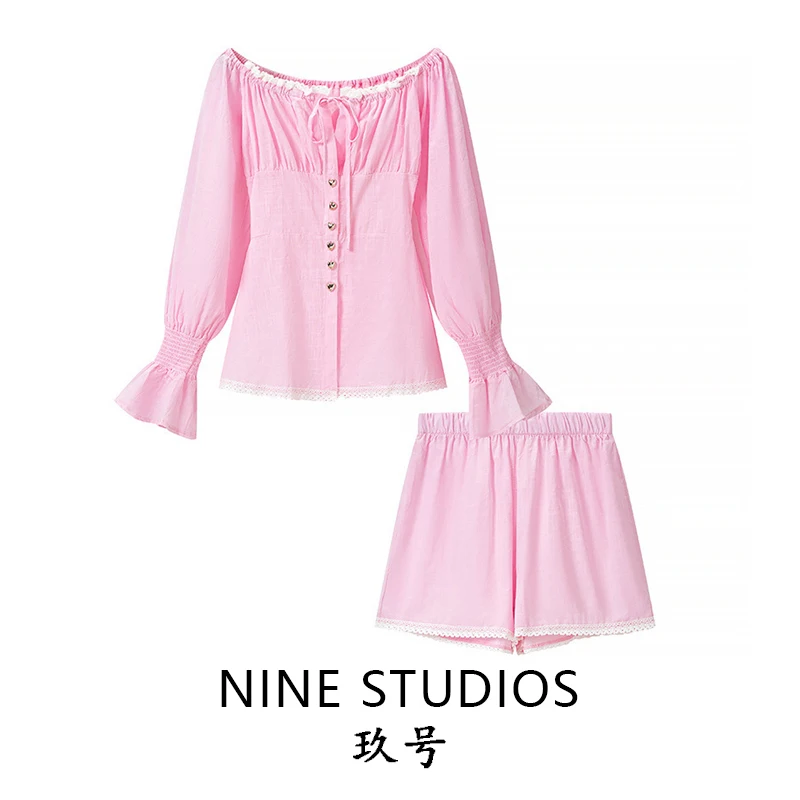 

Sweet One-Shoulder Lantern Sleeve High-Waist Shorts Set Women's Fashion Ensemble High Waist Shorts Two-Piece Suit