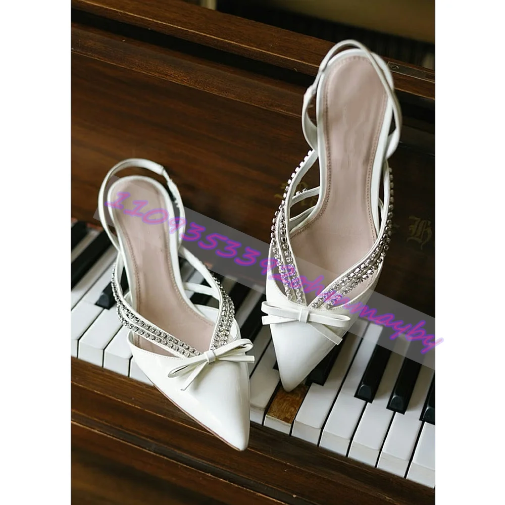 

Women White Patent Slingback Heels Pointed Toe Rhinestone Strap Mini Bow Kitten Heel Elegant Wedding Bridal Evening Party Pumps