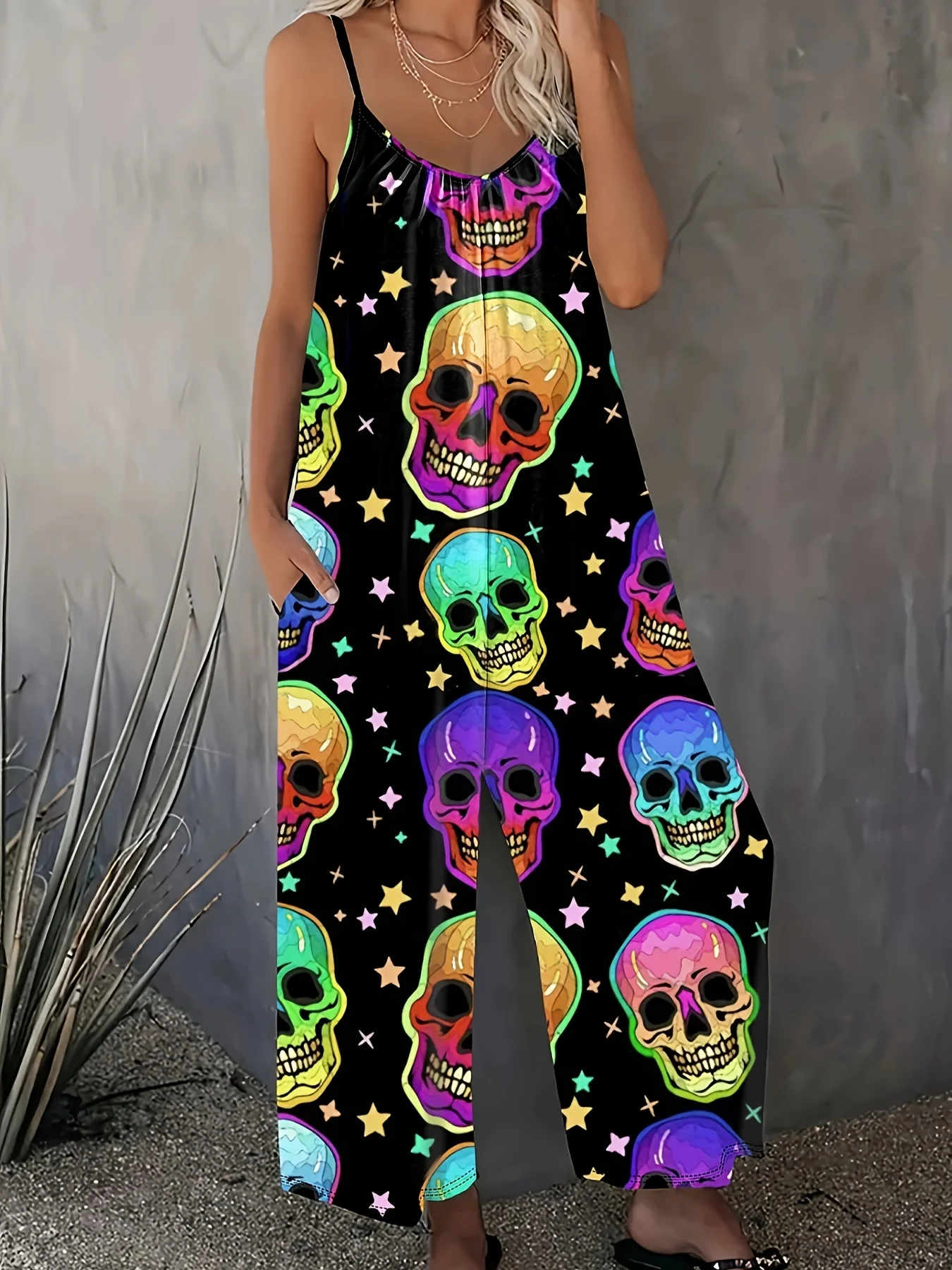 بذلة نسائية مقاس كبير كاجوال بحزام مطبوع عليه جمجمة متدرجة مناسبة للنزهات اليومية غير الرسمية