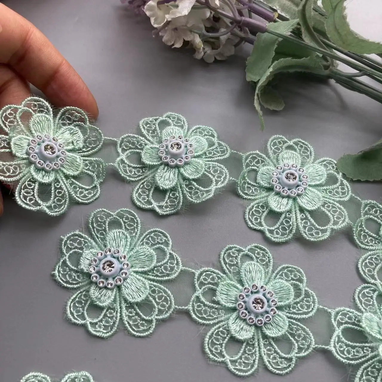 

1 Yard 5X5 cm Green Lace Ribbon Trim Pearl Beaded Edge Embroidered Flower Applique Fabric Sewing Craft Vintage Wedding Dress