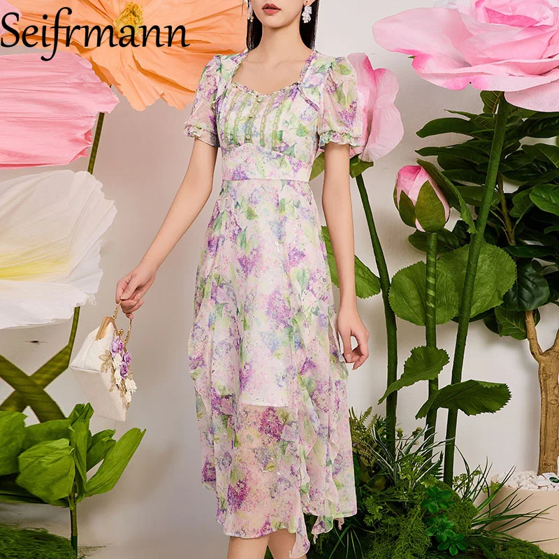 Seifrmann design de moda feminino casual vestido de férias manga curta estampa floral cintura alta slim fit vestidos de festa de verão