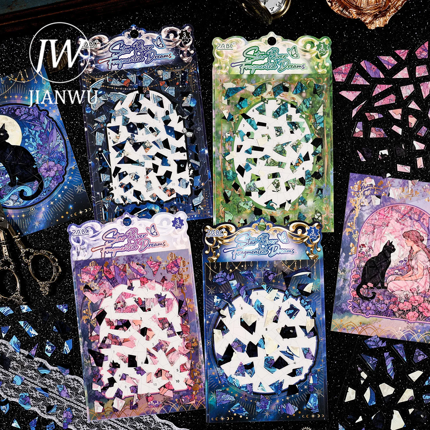 

JIANWU Starry Dream Series Vintage Star Fragments Landscape Material Collage PET Sticker Creative DIY Journal Stationery