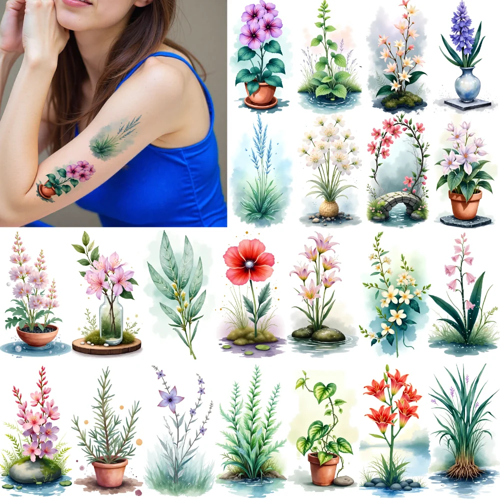 

9 шт., временные татуировки, иллюстрации растений, временные татуировки, наклейки, цветочные татуировки, природный дизайн для плеч, груди, дам