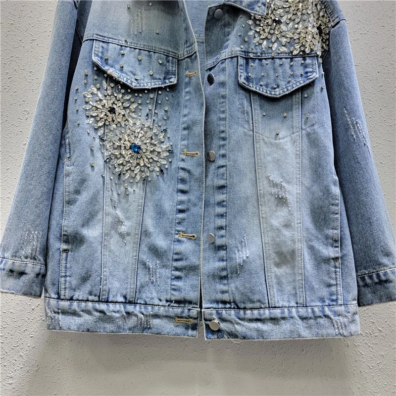 Heavy Industry Beads Diamond-Embedded Denim Coat Female 2024 Spring Autumn Street Style Loose Long Sleeve Denim Jacket Women