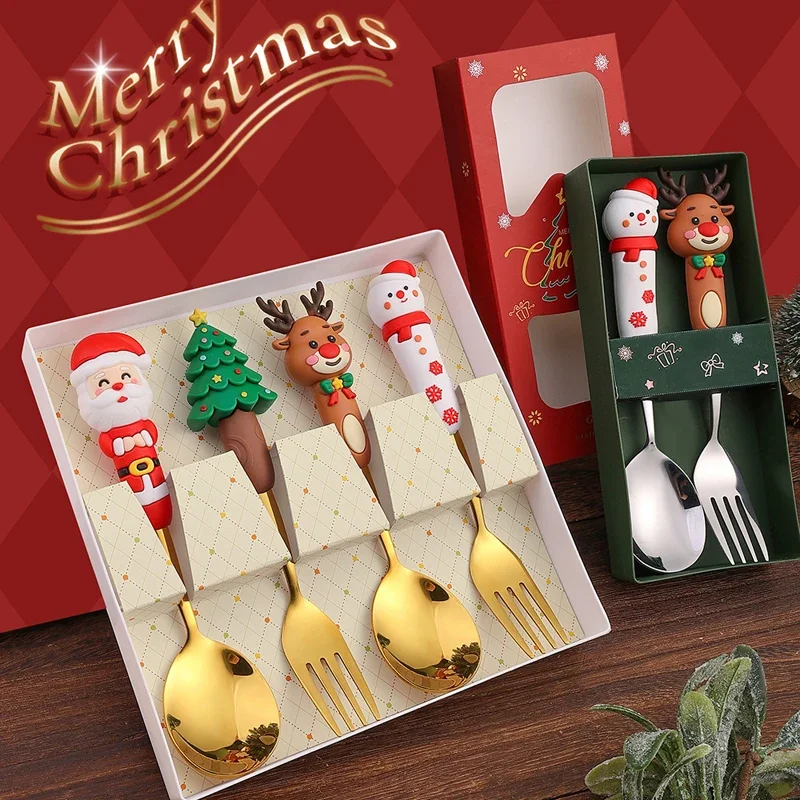 New Christmas Gift Creative Cartoon Spoon Gift Box Set Stainless Steel Dessert Fork Eating Spoon