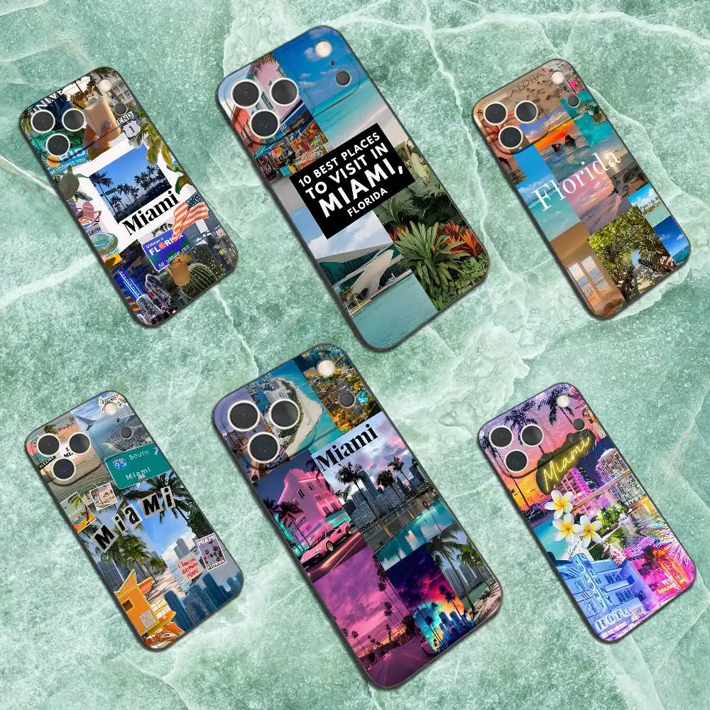 

Summer Art Miami Florida Case For iPhone 17,16,15,14,13,12,11 Plus,Pro Max,XS,X,XR,SE,Mini,8,7,Soft Silicone Black Cover