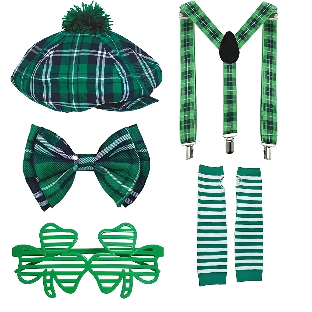 Conjunto de fantasia do Dia de São Patrício PESENAR: chapéu, gravata e acessórios xadrez verde, ideal para celebrações de feriados irlandeses
