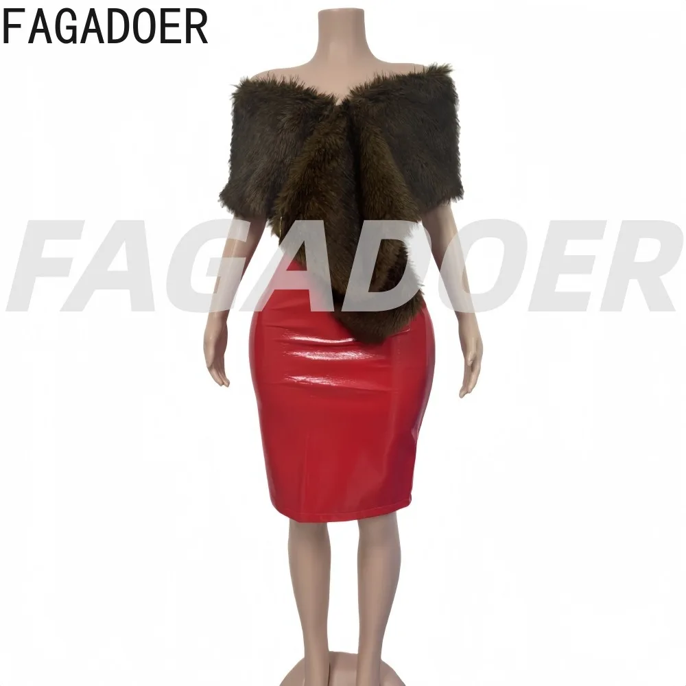 FAGADOER Winter sexy bont patchwork vrouw 2-delige set outfit off showlder onregelmatige crop top + leren rok vrouwelijke streetwear