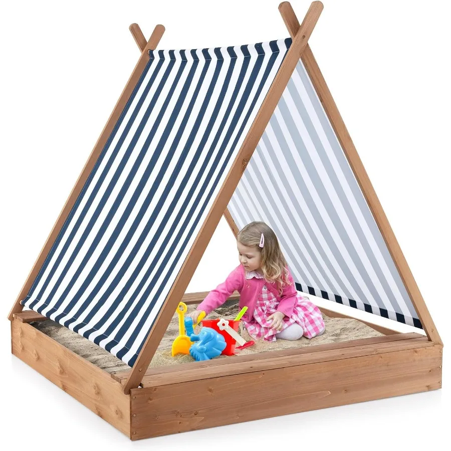 Caja de arena con dosel de madera de abeto sin fondo para niños pequeños, juego de arena con dosel de tela de buey extraíble, cajas de arena para patio trasero al aire libre Bea