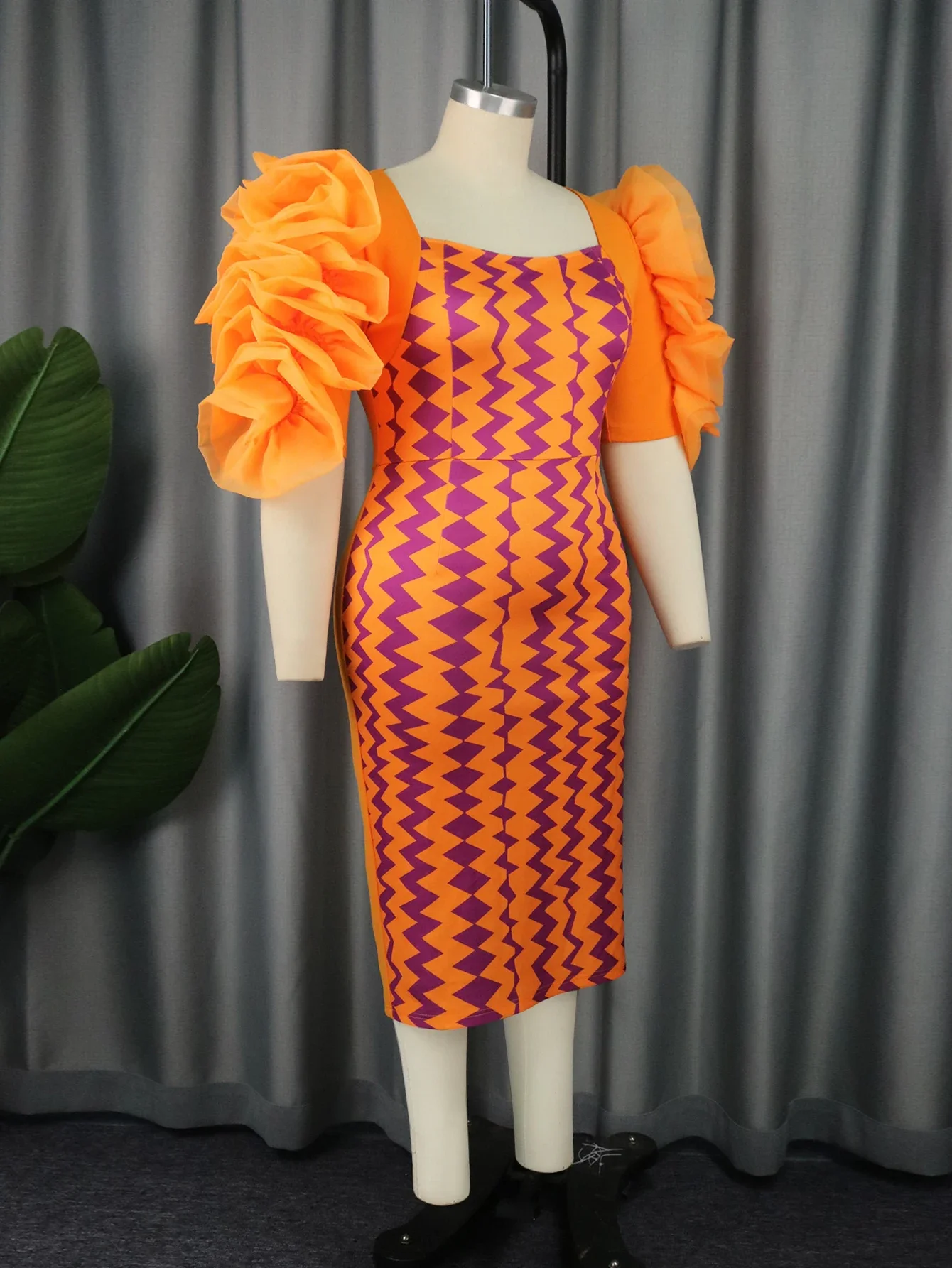 Vrouwen Oranje Bedrukte Bodycon Jurken Tuttle Ruffle Mouw Zomer Midi Jurk Plus Size Avond Cocktail Party Korte Jurken 4xl