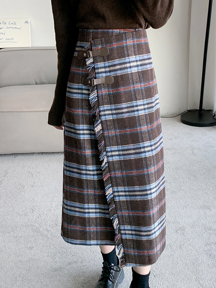 QOERLIN Vintage Woolen Plaid Skirts Women Ripped Midi Skirt Female High Waist Irregular Color Contrast Khaki Skirts Streetwear