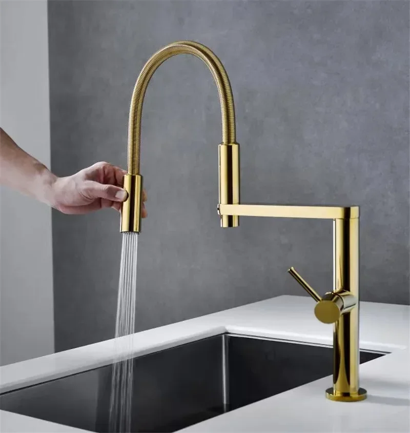 Gold Kitchen Brass Fodable Pull Down Sink Faucet Pull Out Black Sink Spring Spout Mixer Tap Hot Cold Water Crane