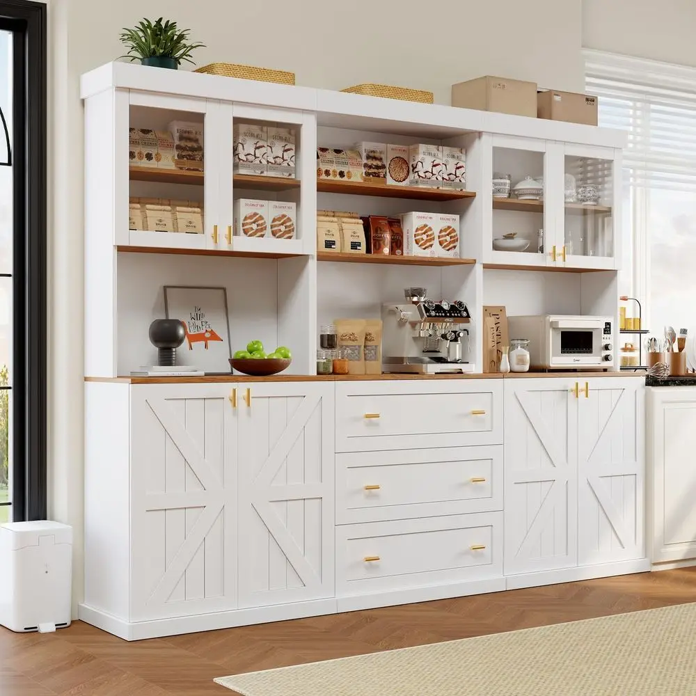 

3-Piece Kitchen Pantry Set: 71 Tall Glass Door Cabinet, Storage Cabinet, and Coffee Bar Hutch with Microwave Stand, Adjustable S