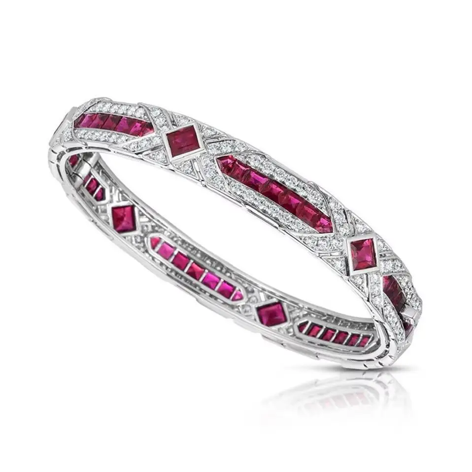 Vintage Art Deco Lab Grown Ruby Bracelet Women's 925 Sterling Silver Antique Statement Fine Jewelry Valentines Engagement Gifts