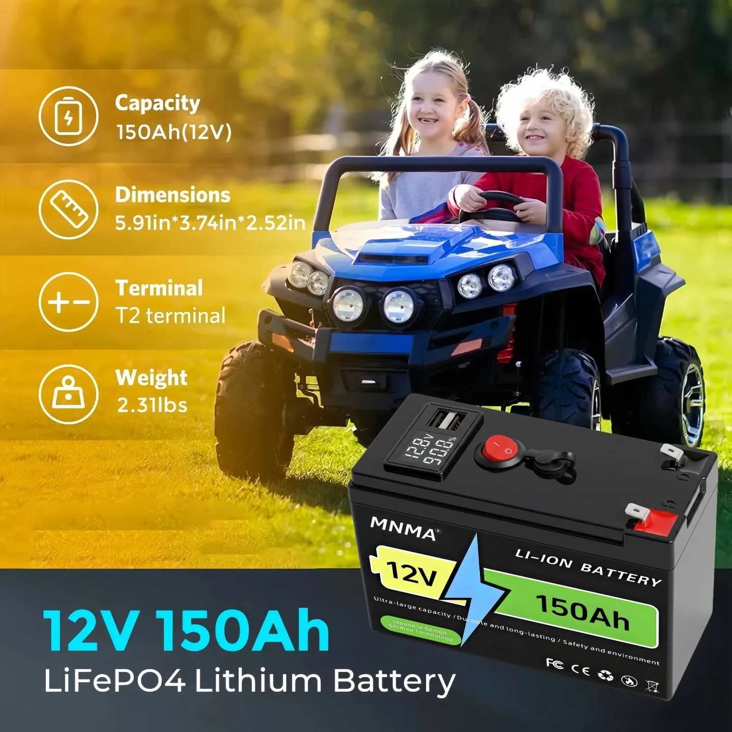 12V 150Ah battery lithium iron phosphate deep cycle built-in BMS for fish exploration, ships, and lights compatible with UPS