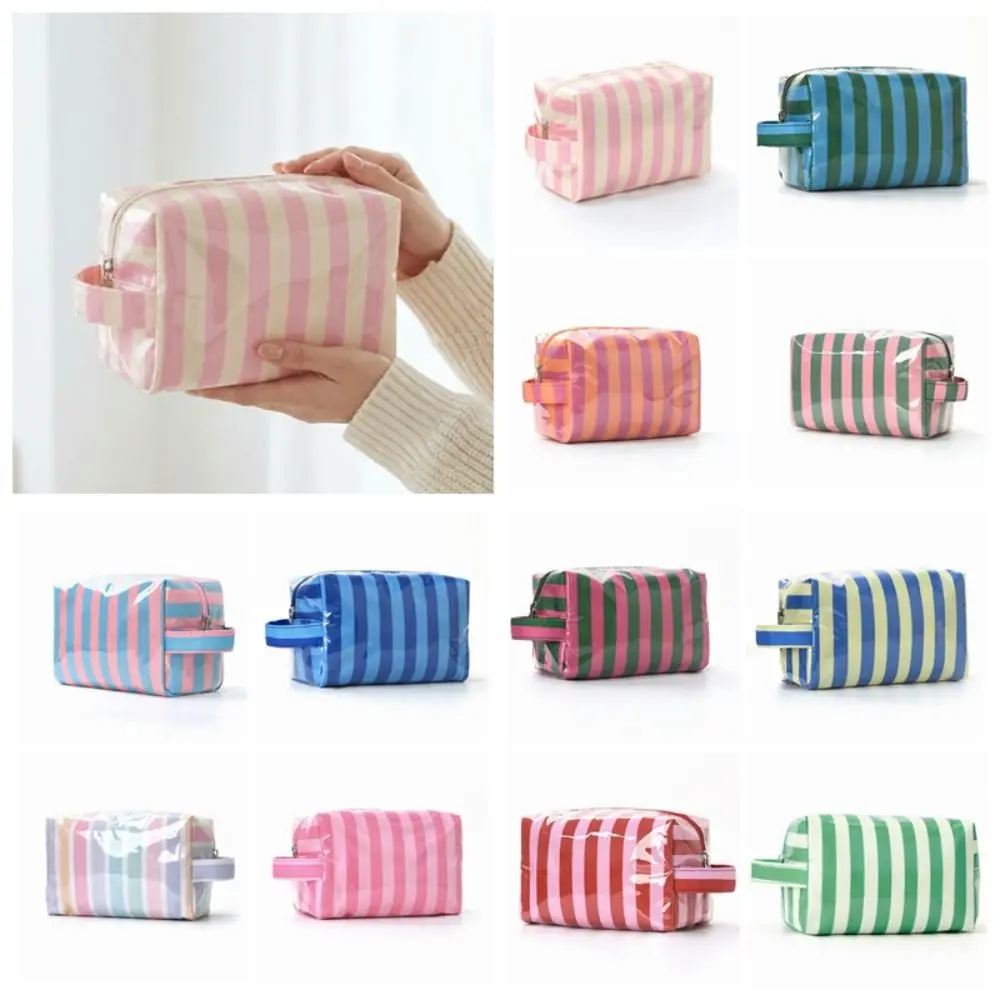 Gifts Waterproof Striped Toiletry Bag Large Capacity Pink PV