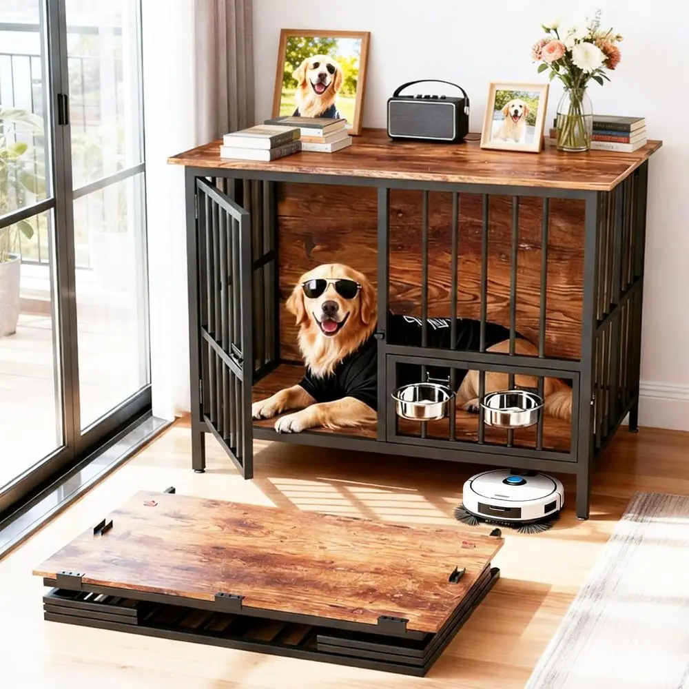 

Adjustable Bowl Dog Crate Furniture, Assembly-Free Kennel for Medium to Large Dogs, Indoor Decorative Pet Home with Side Table