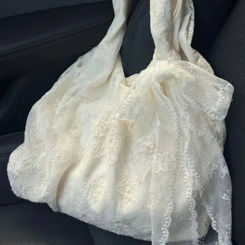 Bloom Fairycore Aesthetic White Handbag Women 2025 Summer Sweet Lace Bow Shoulder Bags Ladies Large Capacity Underarm Bag Y2k