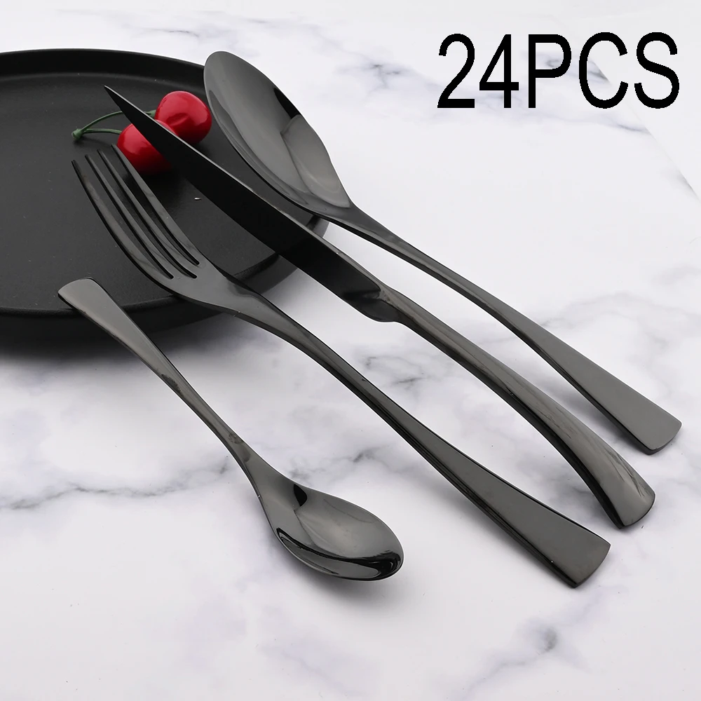 

24Pcs Black 18/10 Stainless Steel Dinnerware Set Tableware Steak Knife Fork Spoon Dinner Cutlery Set Kitchen Flatware Gift