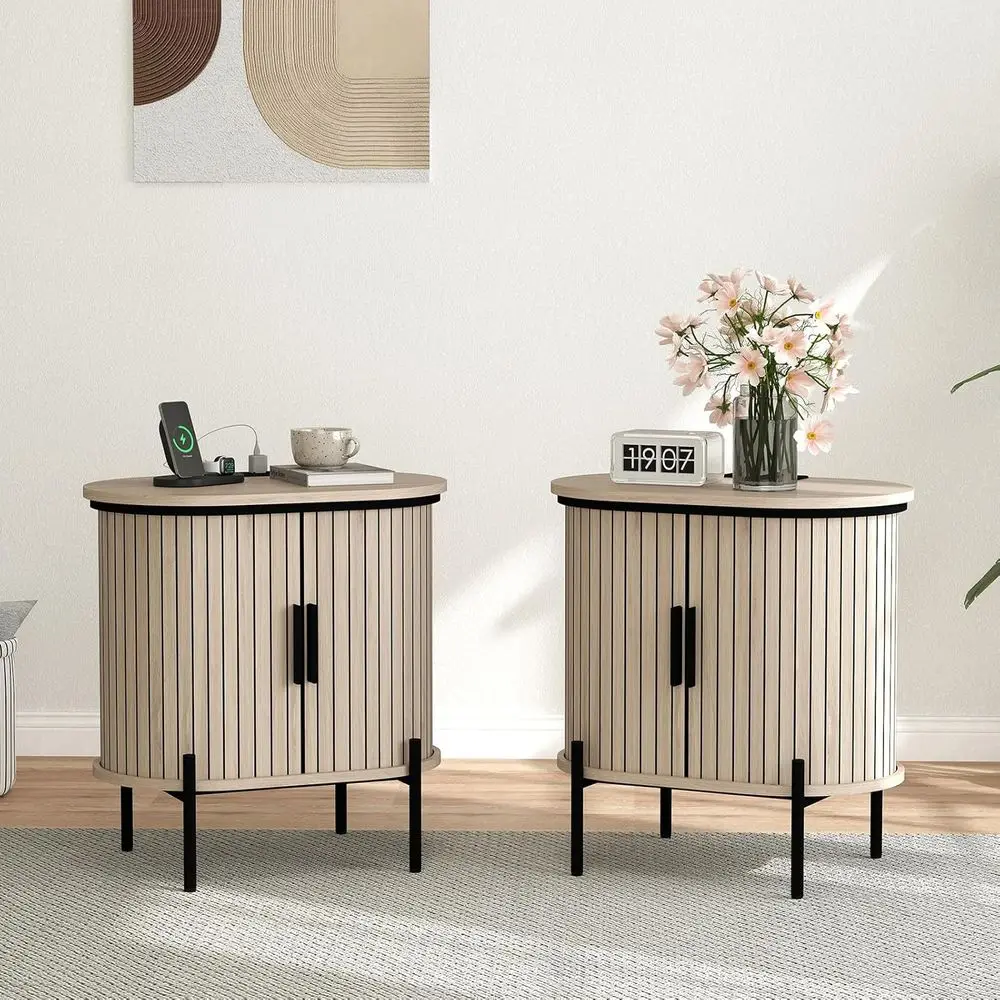 

Pair of Mid-Century Oak Nightstands with Charging Stations, Suitable for Living Room or Bedroom