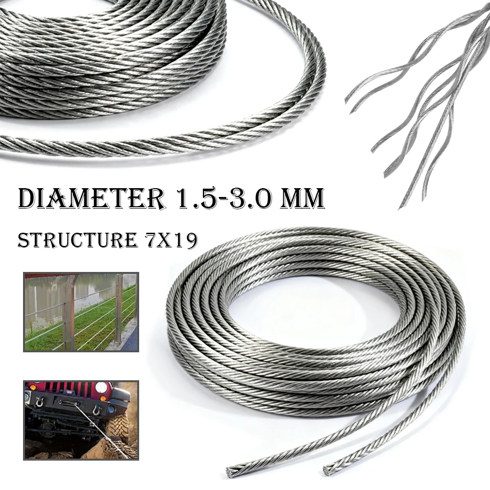

1pcs 304 Stainlesss Steel Wire Rope 7x19Structure Wirerope Lifting Cable Lifting Wire Rope Anti Corrosion Anti Rust Dia1.5-3.0mm