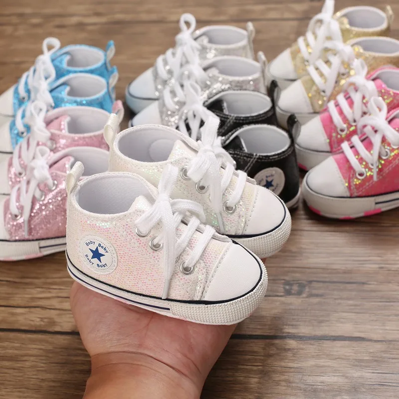 Yibubu Baby Shoes Bling Canvas Infant Baby Girls Shoes Lace-up Comfortable Boy Sneaker Soft Sole Anti-slip Toddler First Walkers