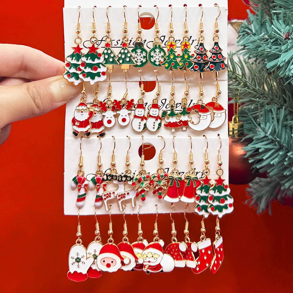 20Pairs/5Pairs Women Christmas Earrings Oil-dripping Christmas Tree Santa Claus Snowman Pendant Earrings Christmas Gift Jewelry