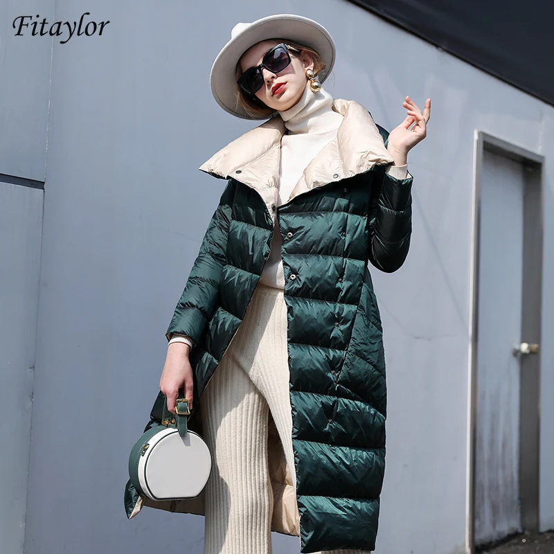 Fitaylor Women Double Sided Down Long Jacket Lapel 90% White Duck Down coat stand collar Double Breasted Snow Outwear Warm Parka