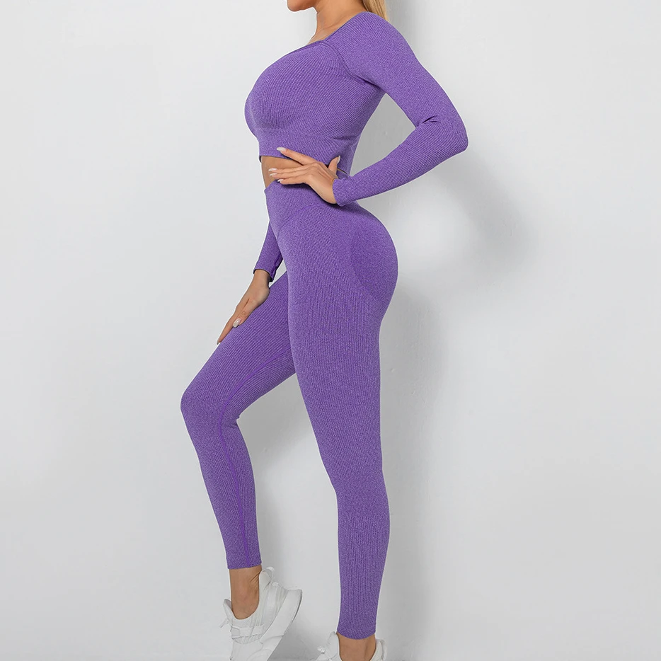 Cuties 2 Pcs Seamless Long Sleeve Gym Sets for Women Rib Srcunch Leggings Sports Fitness Outfits Workout Yoga Tracksuits Wear