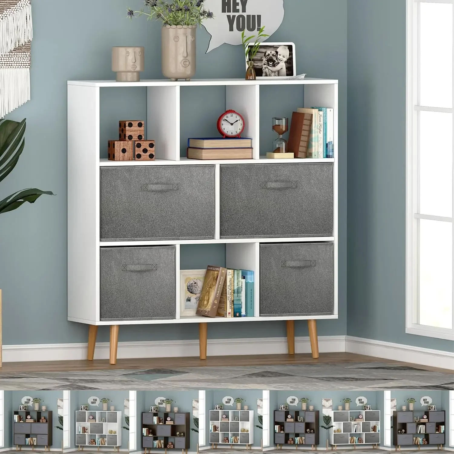 8-Cube Book Storage Organizer, 3-Tier Freestanding Bookshelf with 4 Fabric Drawers, White