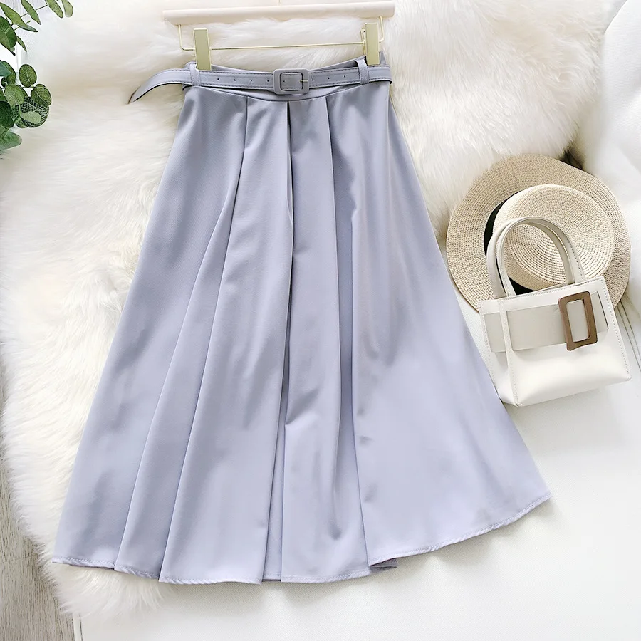 Women Solid Office Ladies Midi Skirt with Belt Summer Elegant Chic A-line Skirt Casual Slim Simple Long Skirt Suit Pleated Skirt