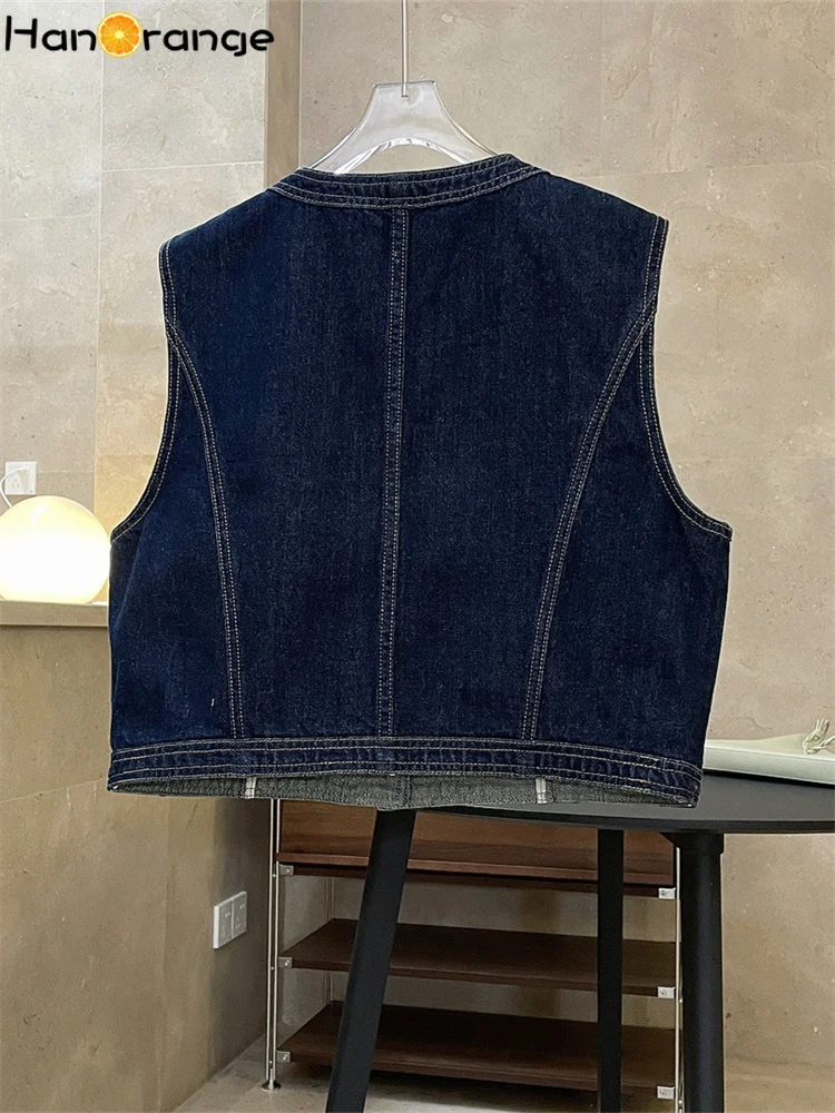 HanOrange 2024 Spring Fashion Woman Denim Vest Cowgirl Collarless Cropped Jacket Sleeveless Female Vintage Women\'s Clothes