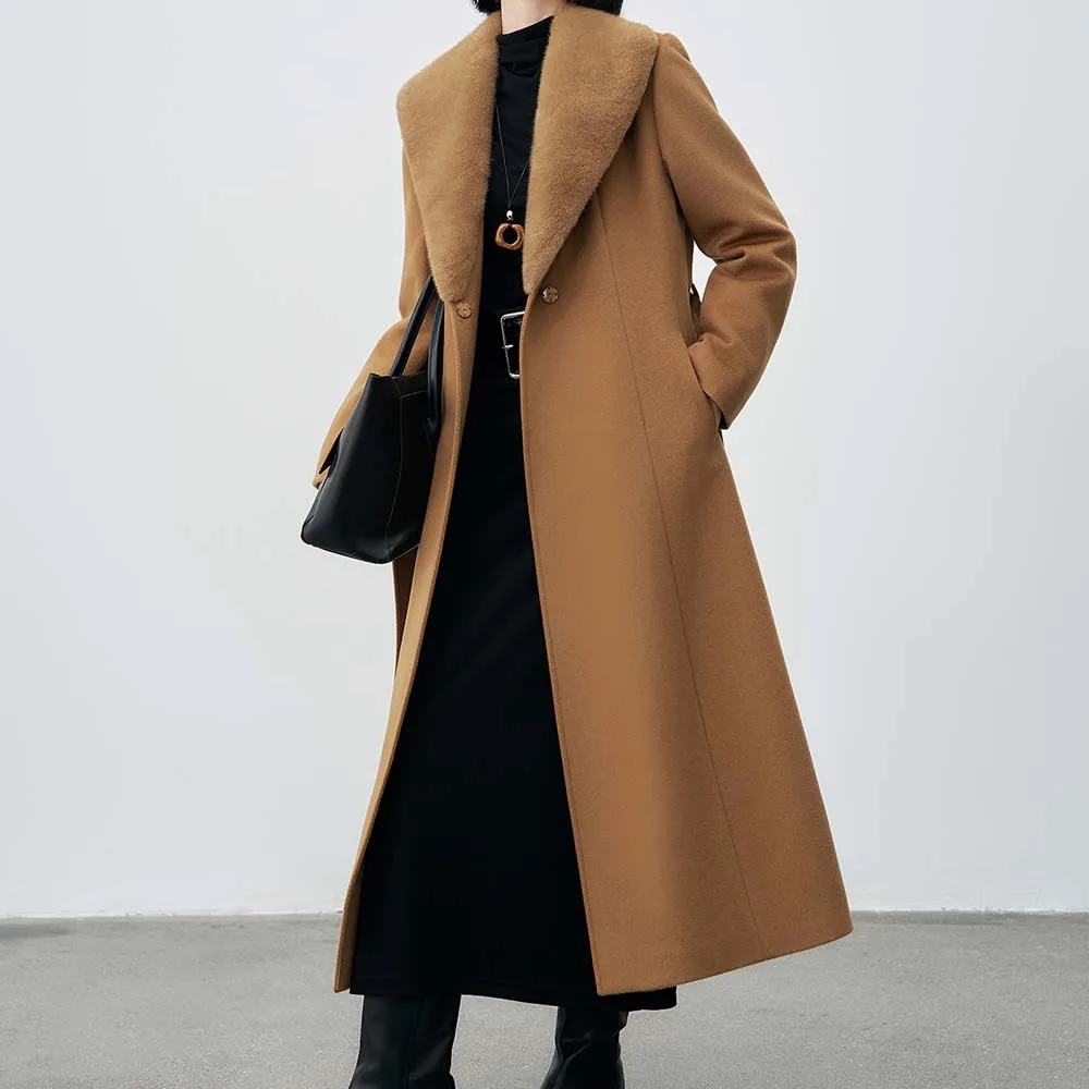 

Высококачественное утолщенное двустороннее кашемировое пальто с воротником из норки, зимнее шерстяное пальто средней длины 2025 года для женщин