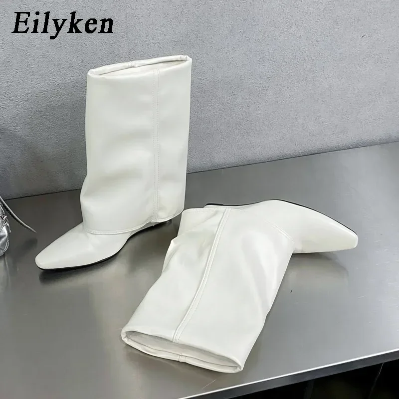Eilyken Designer Wedges Heels Ankle Boots Women Pointed Toe Shoes Fashion Pleated Modern Short Booties Zapatos De Mujer