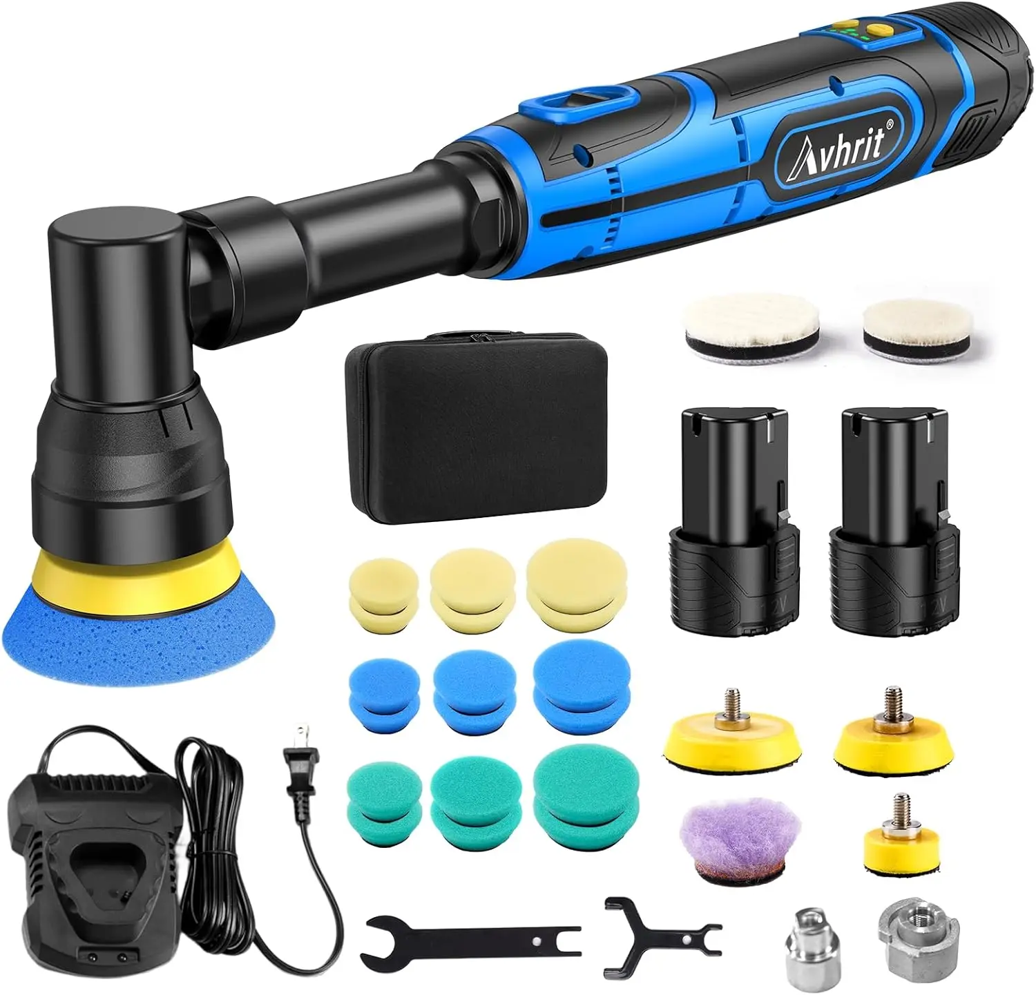 Polisher, Cordless Orbital Buffer Polisher with 2 Batteries, Polisher Pads Kit, 5 Variable Speed 2500-6500RPM for Car Detailing