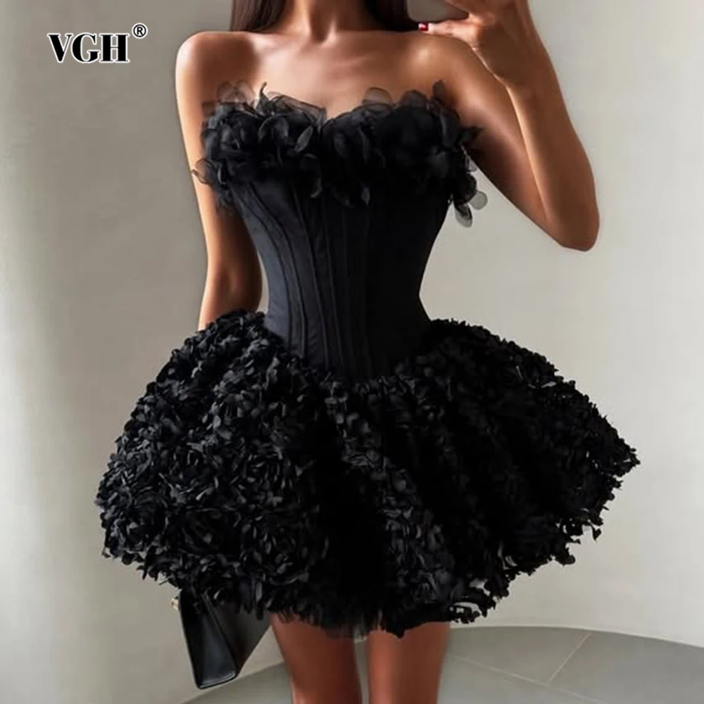 VGH Sexy 3D Bloemen Mini Jurk voor Vrouwen Sweetheart Hals Mouwloos Visgraten Tuniek Verjaardagsfeestje Flirterige Rok Vrouwelijke Kleding