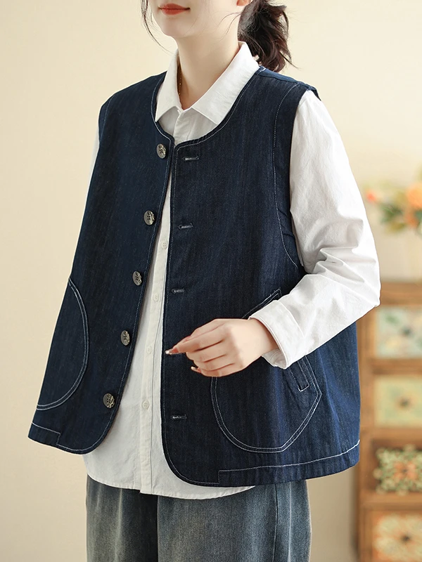 

Джинсовый жилет с завышенной талией, большой размер, женский модный двойной пуговиц, круглый, многослойный, универсальный, весенний