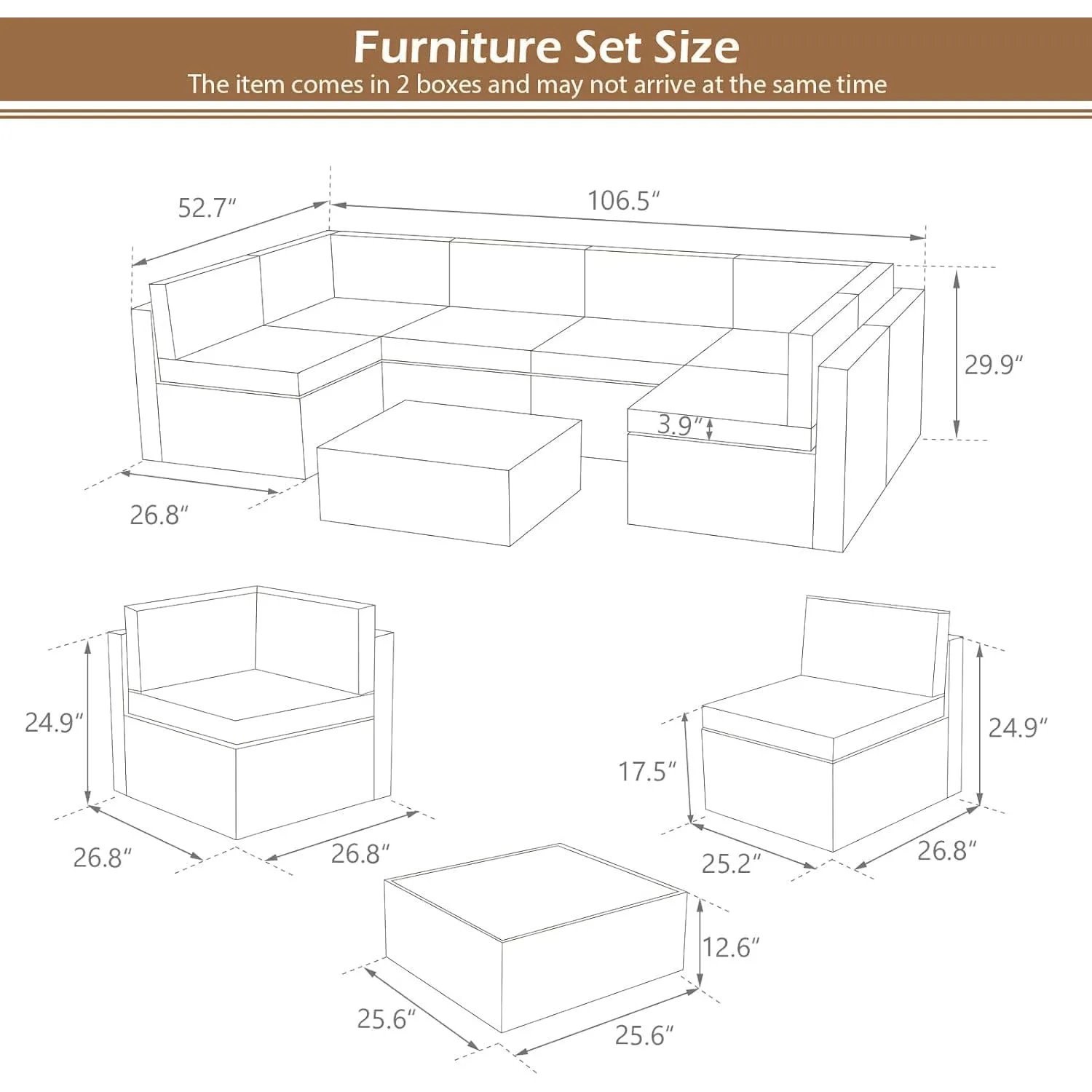 Conjunto de móveis para pátio externo de 7 peças, móveis de vime marrom para exterior em vime PE, rattan marrom e almofada cinza escuro