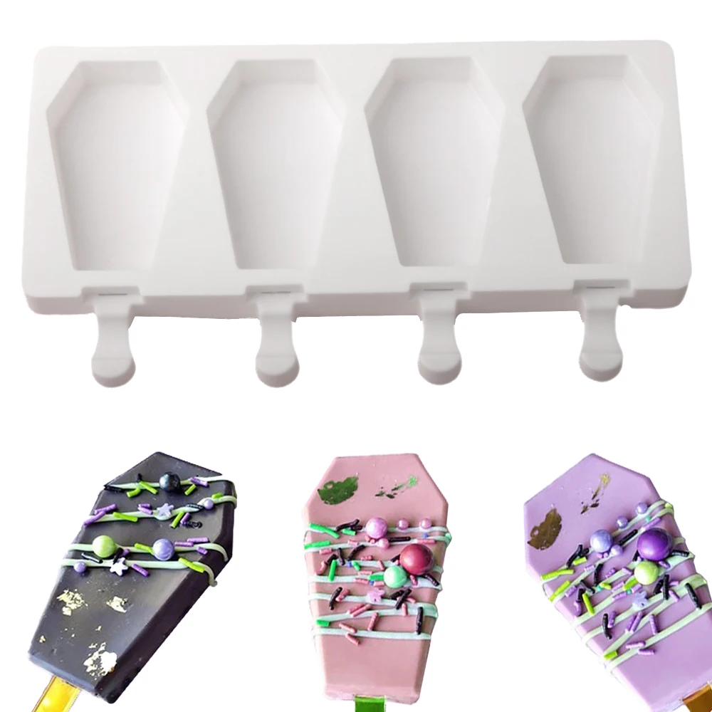 4 Cells Halloween Coffin Shaped Silicone Popsicle Mold Spider Web Texture Chocolate Chips Lace Mat Sugar Craft Silicone Mold