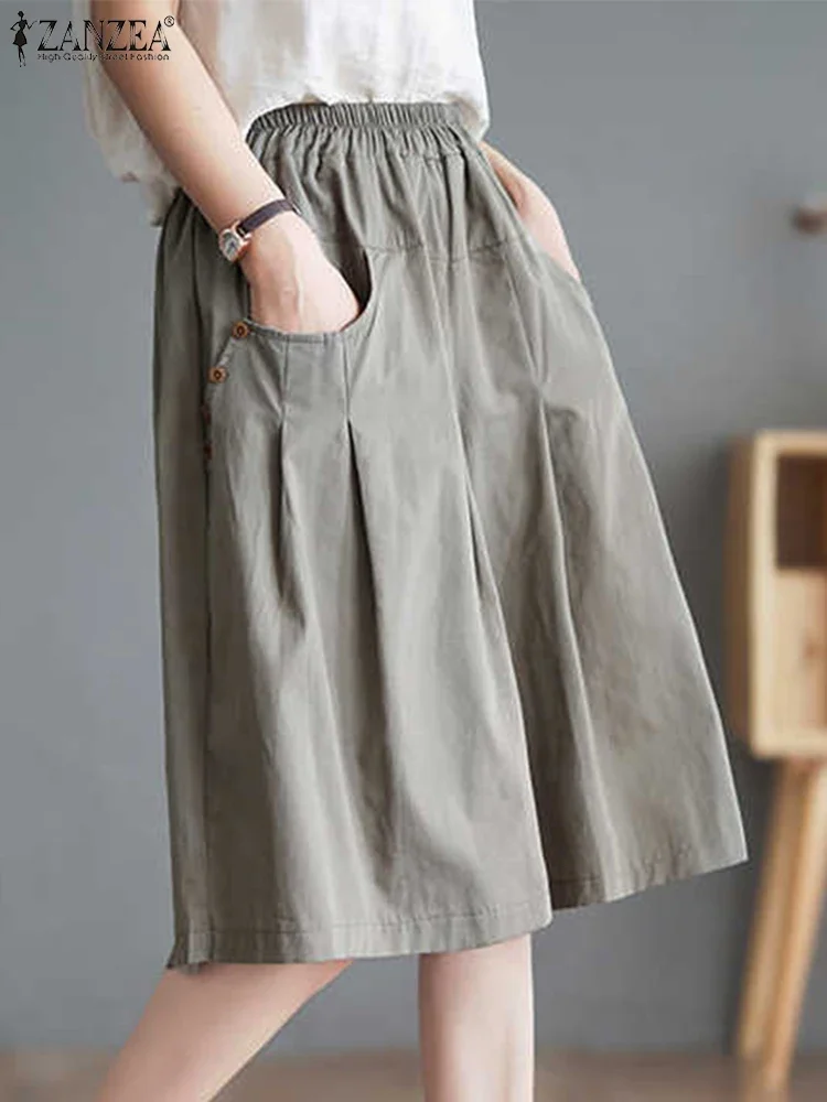 ZANZEA 2025 Summer Women Solid Half Shorts Fashion Elastic Waisted Button Short Pants Casual Pocket Overalls Korean Bottoms
