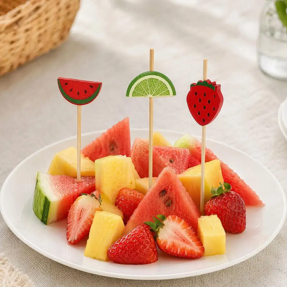 Party Fruit Skewers 100pcs Disposable Fruit Tags Cartoon Fruit Decor Picks Bamboo Skewers for Barbecue Cocktails Cakes Wedding
