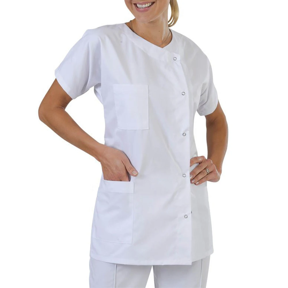 Vestido feminino masculino sem gola manga curta jaleco hospitalar roupa de trabalho tops uniformes branco respirável