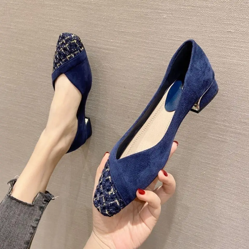 Spring Summer Women High Heels Elegant Ladies Pumps Soft Cloth Square Heel 3.5cm Black Blue Red Plus Size 42 D228
