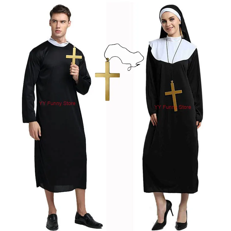 Men Women Nun Priest Cosplay Costume WIth Necklace Man Priest Clothes Cross Necklace  Halloween Costume