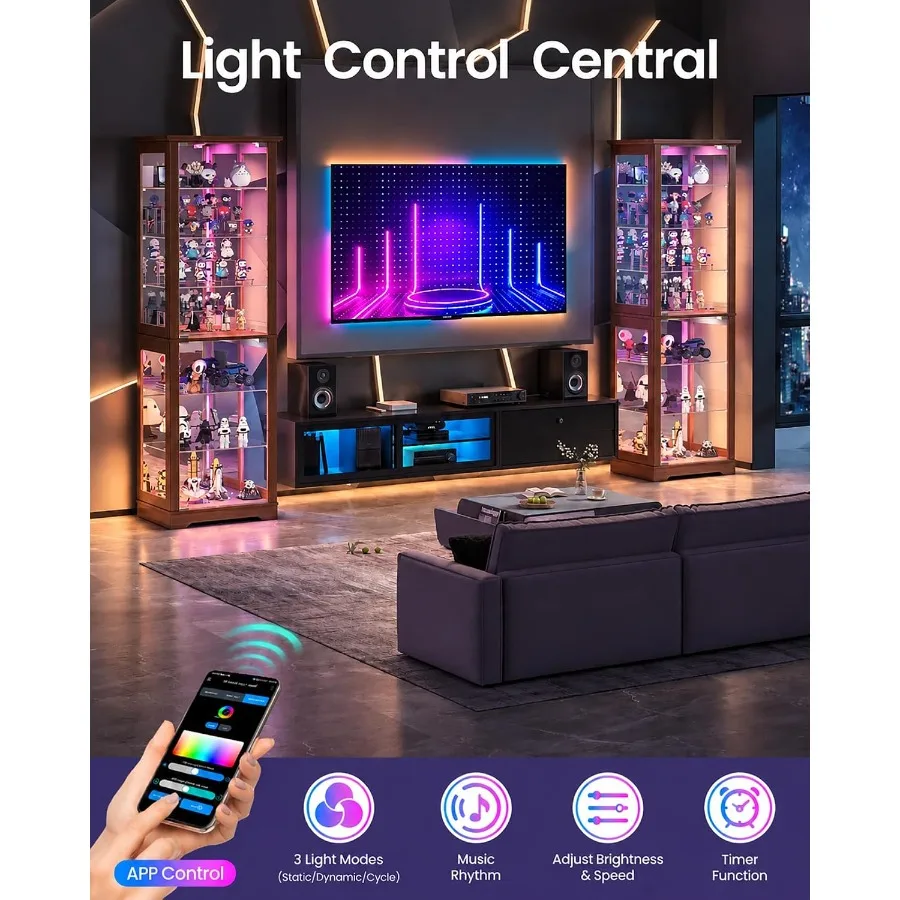 Display Cabinet with RGB Lights and Glass Doors for Collectibles: Tempered Glass, Black, Adjustable LED Lighting view 4